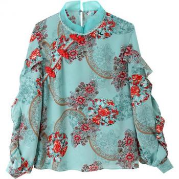 Women’s Retro Floral Chiffon Top with Ruffles