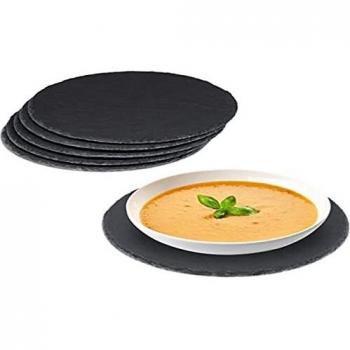 Set of 6 Round Slate Plates, 25 cm, Grey Serving Platters for Cheese and Snacks