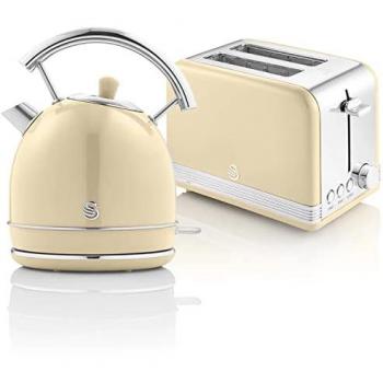 Swan Retro Set Desayuno Hervidor de Agua 1,8L y Tostadora 2 Rebanadas Anchas Crema