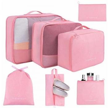 Packing Cubes for Suitcases 7 Set, Luggage Packing Organizers with Shoe Bag and Toiletry Bag (Pink)