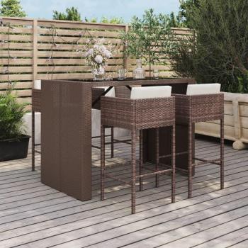 Mesa de bar y taburetes de jardín 5 piezas con cojines de ratán marrón