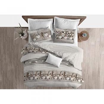 Copripiumino Matrimoniale in Cotone Flanella Beige con Disegno di Gnomi ed Elfi