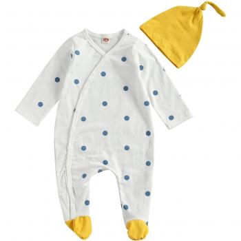 Set van 2: Lange mouwens footie met polkadotprint en gestreepte single breasted jas + hoofddoek, maat 0-6 maanden, babymode