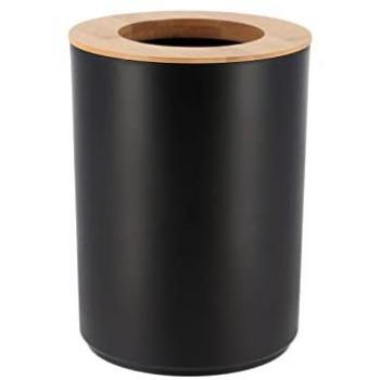 Poubelle de salle de bain 5L Noir couvercle bambou