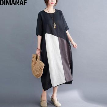DIMANAF Damen Kleid Sommer Plus Größe Baumwolle Leinen Schwarz Patchwork