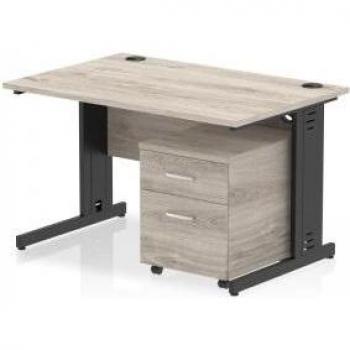 Impulse 1200 × 800 mm Straight Desk – Grey Oak with Black Cable, Two‑Drawer Mobile Workstation