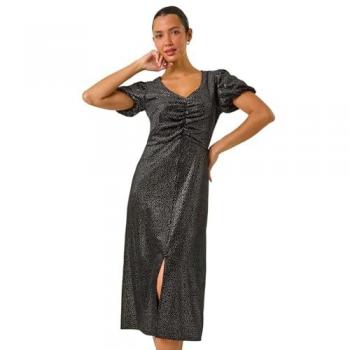 Black Velvet Ruched Front Stretch Midi Dress – Roman, Size 16