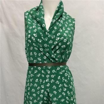 Seda China 100% Crepé Suave Mini Blanca con Estampado Floral Verde