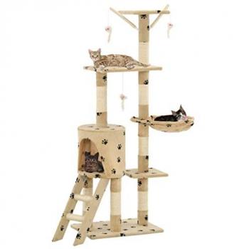 Arbre griffoir multifonctionnel 138 cm, sisal beige, motif pas à pas