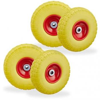 Relaxdays Puncture‑Proof Wheelbarrow Tire Set – 4 Units, 4.1/3.5‑4, 16 mm Axle, Yellow/Red