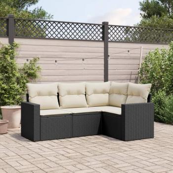 4-Piece Outdoor Sofa Set in Black Poly Rattan with Cushions