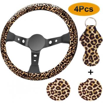 Universal Leopard Print Auto Steering Wheel Cover with Key Chain Grip
