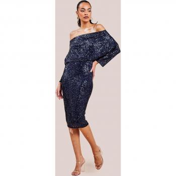 Navy Sequin Cowl Neck Midi Dress by Goddiva