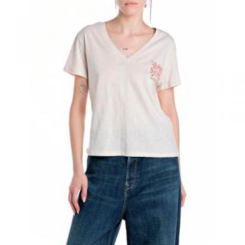 T-shirt Replay donna maniche corte collo V burro bianco S