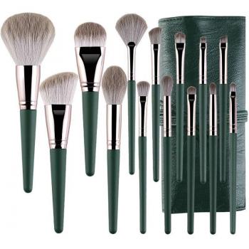 Oubldior 14‑Piece Professional Makeup Brush Bundle – Fibrous Hair, Wooden Handles for Foundation and Powder