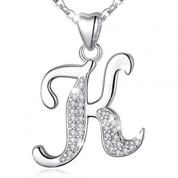 Pendentif Initial Lettre K en Argent 925 avec Zircon Cubique et Chaîne 46cm
