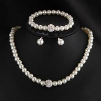 Silver Simulated Pearl Jewelry Set with Crystal Earrings and Bracelet