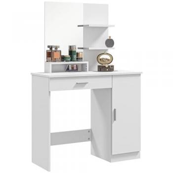Homcom Modern White Vanity Table with Mirror, Drawer, and Storage Shelves