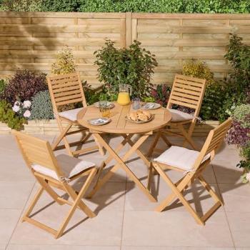 Ashdown Round 4‑Seat Outdoor Dining Set – Natural Wood & Cushions