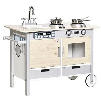 Cuisine Desserte Enfant 2 en 1 Multi-Équipement Acier INOX Bois Clair Gris