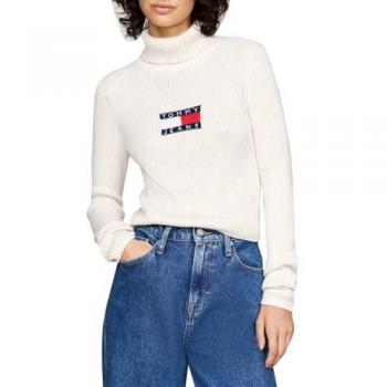 Tommy Jeans Rollkragenpullover Flag DW0DW18678 Écru Regular Fit XS Damen