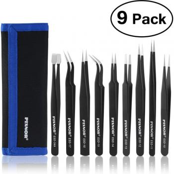 Set de Pinzas para Electrónica, Joyas y Laboratorio, 9 Piezas Antiestáticas
