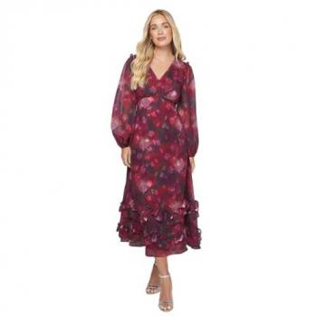 Petite Floral Satin Ruffle Hem Midaxi Dress in Black (Size 10)