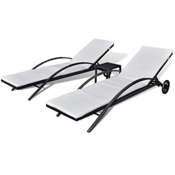 Lettini Prendisole in Polyrattan Nero con Tavolino 3 pz Elegante Arredo Giardino