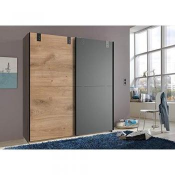 Armoire contemporaine avec deux portes coulissantes en bois massif de chêne et poutre rechampée graphite