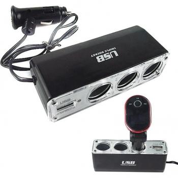 Adaptateur voiture 3 ports – Allume-cigare, USB, sortie DC 12V/24V