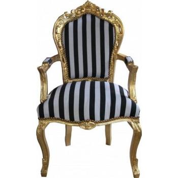 Casa Padrino Barockstuhlsatz – Schwarz/Weiße Streifen, goldbeschriftete Armlehnen