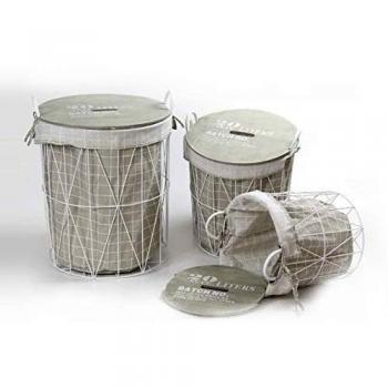 Set 3 Ceste Portabiancheria Tonde con Struttura in Metallo Bianco e Coperchio in Legno