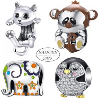 Collar y Pulsera Compatible: Pingüino, Mono y Elefante en Plata 925