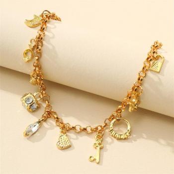 Trendy Gold Bracelet for Women with Moon, Love, and Key Lock