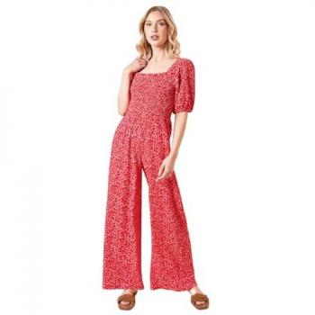 Red Ditsy Puff Sleeve Bodysuit for Women