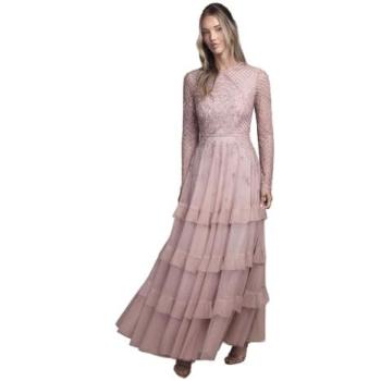 Long‑Sleeve Tiered Bridesmaid Dress, Coast Embellishment, Dusty Rose