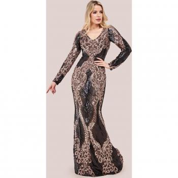 Champagne Sequin Long Sleeve Maxi Dress by Goddiva