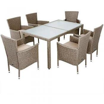 Kit Mobilier Extérieur Deuba Gris Beige : Table + 6 Chaises Empilables + Coussins – 6 Perso