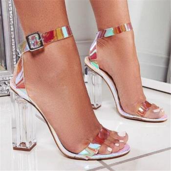 Sandalias elegantes para mujer con correa de tobillo, tacón cuadrado de 11,5 cm, material PU transparente