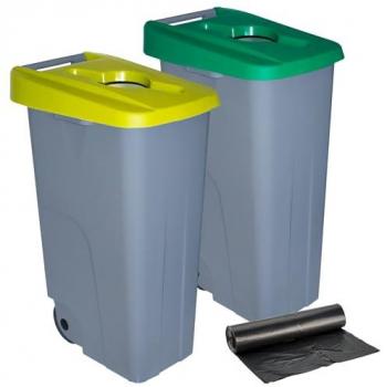 Denox Pack 2 Contenedores de Reciclaje Abiertos de 110L Encajables con Ruedas en Colores Verde y Amarillo