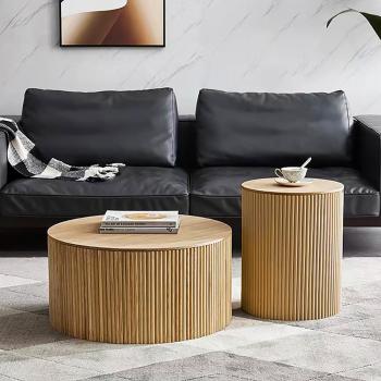 Japandi Style Round Coffee Table Pair with Storage in Natural Wood
