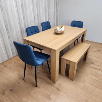 Beige Oak Effect Dining Table, 6-Seater, Featuring Velvet Blue Chairs and Bench