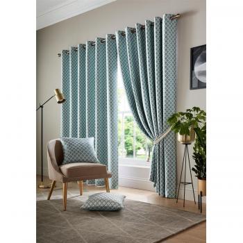 Wold Teal/White Eyelet Ring Top Curtains
