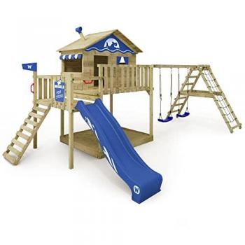Aire de jeux Smart Ocean en bois avec balançoire, toboggan bleu et maison sur pilotis avec bac à sable