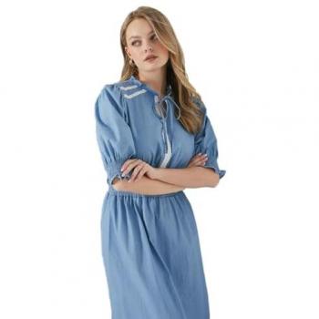 Oasis Blue Chambray Lace Trim Shirred Waist Midi Dress