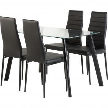Seconique Abbey 47 inch Dining Set with Clear Glass Top and Black Faux Leather Seats