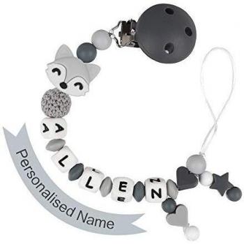 Attache Tétine Personnalisé Garçon Bébé Silicone Renard (Gris)