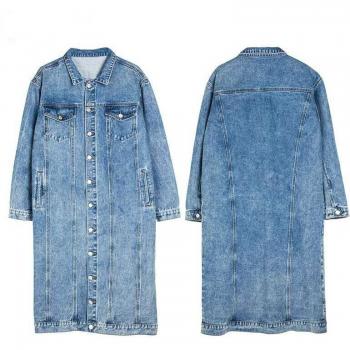 Blouson décontracté long en denim bleu sombre, femme, à poches