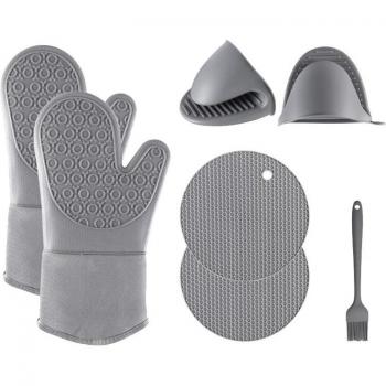 Gray Silicone Oven Mitts and Pot Holder with Oil Brush
