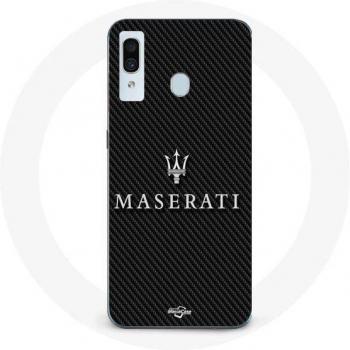 Coque elegante Maniacase Galaxy A40, diseño Maserati, fondo negro carbono y silicona negra